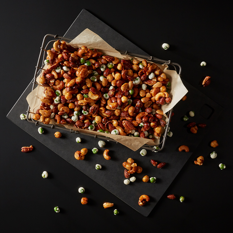Glazed Sweet and Spicy Nuts with Wasabi Peas